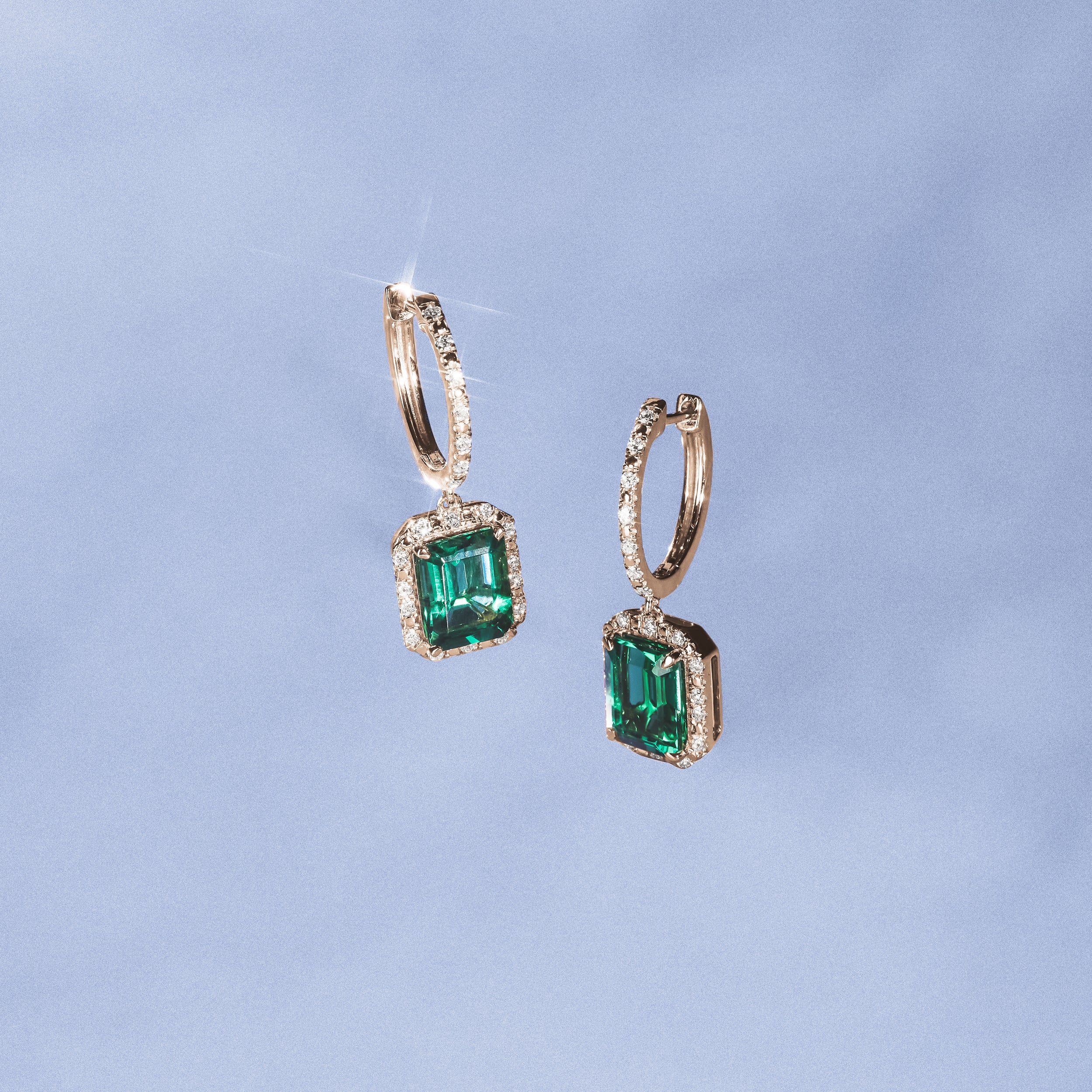Astra 3.00ct Lab Emerald and Diamond Drop Halo Octagon Cut Earrings in 18K Gold Vermeil